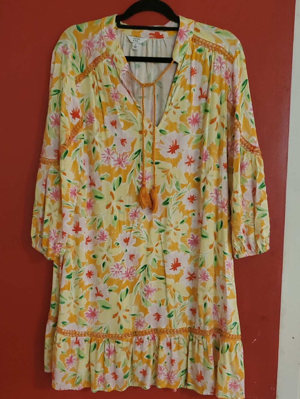 crown & ivy Yellow and Green Floral Dress with Tassel Tie